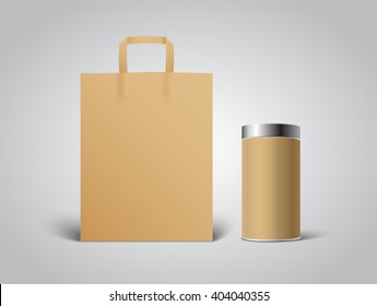 Brown kraft paper bag mockup with brown cardboard Blank Tincan packaging