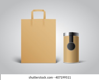 Brown kraft paper bag mockup with brown cardboard Blank Tincan with tag packaging