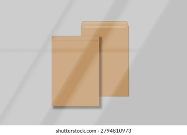 Brown kraft paper envelope mockup set on background with soft organic window shadows. Template for corporate stationery branding, business identity design, and mail presentation.