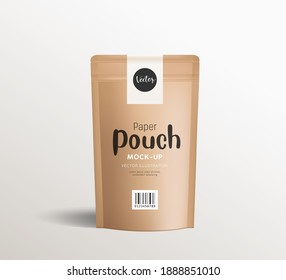 Brown kraft paper pouch bags, front view with stickers label, packaging mock up template design, on white background Eps 10 vector illustration
