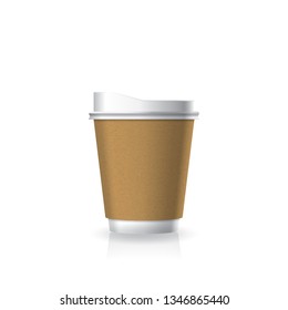 Brown kraft paper-plastic coffee-tea cup white bottom with white lid in small size mockup template. Isolated on white background with shadow. Ready to use for brand design. Vector illustration.