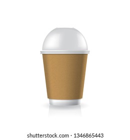 Brown kraft paper-plastic coffee-tea cup white bottom with clear dome lid in small size mockup template. Isolated on white background with shadow. Ready to use for brand design. Vector illustration.