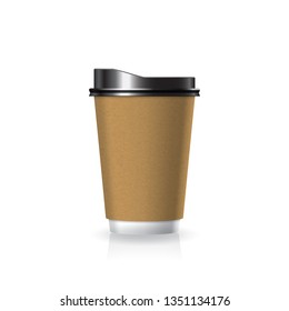 Brown kraft paper-plastic coffee-tea cup white bottom with black lid in medium size mockup template. Isolated on white background with shadow. Ready to use for brand design. Vector illustration.