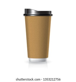 Brown kraft paper-plastic coffee-tea cup white bottom with black lid in large size mockup template. Isolated on white background with shadow. Ready to use for brand design. Vector illustration.