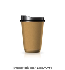 Brown kraft paper-plastic coffee-tea cup with black lid in medium size mockup template. Isolated on white background with shadow. Ready to use for brand design. Vector illustration.