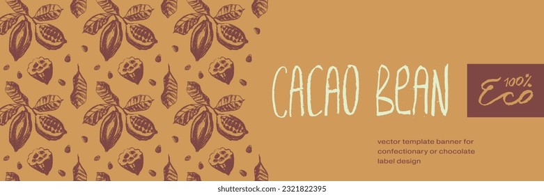 Etiqueta marrón para los granos de cacao con granos de cacao sin fisuras con ilustraciones hechas a mano de cacao. Diseño de envases de chocolate, etiqueta en polvo de cacao, fondo de mantequilla de cacao orgánica. Cosméticos de cacao.