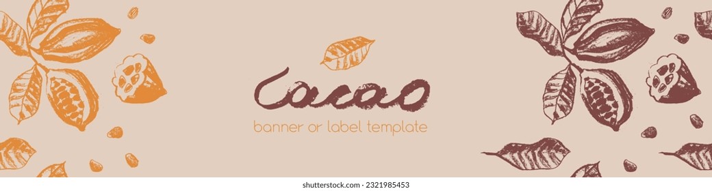 Brown label for cocoa beans with Cacao beans pattern seamless with cocoa bean hand drawn illustrations. Chocolate packaging design, cocoa powder label, organic cacao butter backdrop. Cocoa cosmetics.