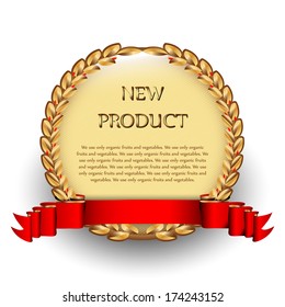 Brown label with red ribbon and golden branch 