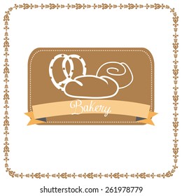 a brown label with a ribbon with text and bakery icons on a white background