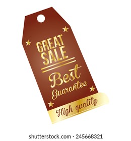 a brown label with text and stars for sales purposes