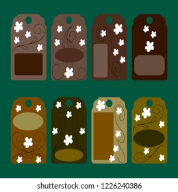 brown labels with ornaments and white flowers