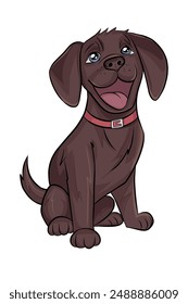 A brown Labrador Retriever puppy sits with a cheerful expression.