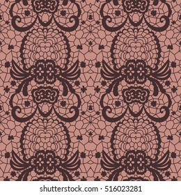 Brown lace seamless pattern with flowers on beige background
