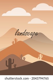 Brown landscape, desert, mountains, cacti, clouds