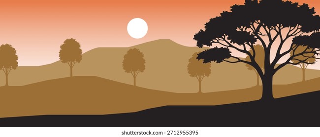 Uma paisagem marrom com árvores e montanhas ao pôr do sol. A imagem cria uma vista tranquila e cênica