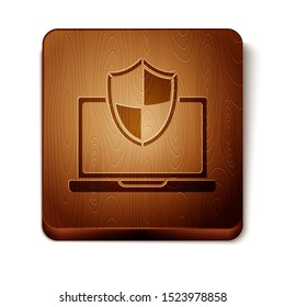 Brown Laptop protected with shield icon isolated on white background. PC security, firewall technology, privacy safety. Wooden square button. Vector Illustration