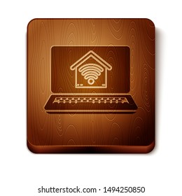 Brown Laptop with smart home with wi-fi icon isolated on white background. Remote control. Wooden square button. Vector Illustration