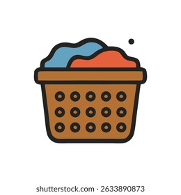 Brown laundry basket with blue and red clothes, ideal for household chore themed designs, laundry service promotions, and decluttering guides.