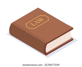 Brown law book with LAW written on the cover, displayed in a simple isometric graphic style on a white background. Concept of legal studies or justice. Vector illustration