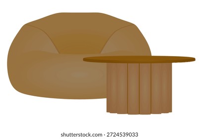 Brown lazy bag and table. vector illustration	