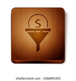 Brown Lead management icon isolated on white background. Funnel with money. Target client business concept. Wooden square button. Vector Illustration
