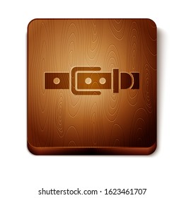 Brown Leather belt with buttoned steel buckle icon isolated on white background. Wooden square button. Vector Illustration