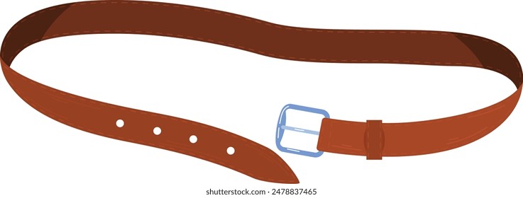 Brown leather belt vector illustration isolated white background. Cartoon style brown belt buckle clothes accessory. Male fashion leather silver buckle