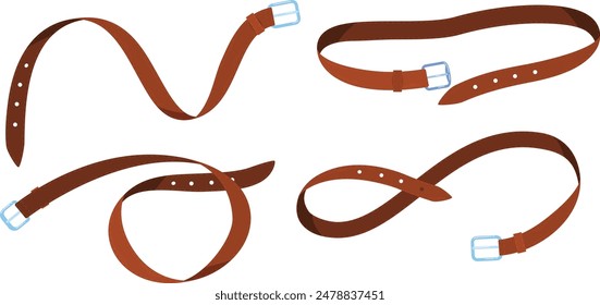 Brown leather belts fashion accessories various buckle styles twisted forms. Different brown belts isolated white background fashion clothing accessory. Set graphic illustration flat