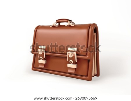 brown Leather Briefcase 3D Icon isolated on white background. Classic Business Bag with Buckles vector 3d illustration.