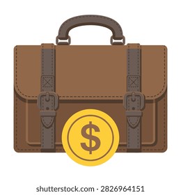 A brown leather briefcase with a dollar coin, representing business finance and wealth management, on a white background