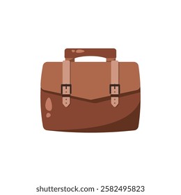 Brown leather briefcase in flat style. Vintage business bag with straps and buckles. Perfect for office, corporate, business, travel, and professional-themed designs. Vector illustration.