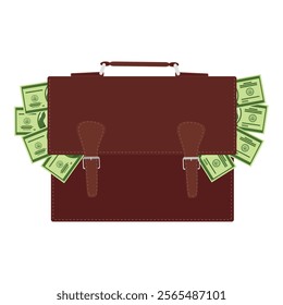 Brown leather briefcase full of dollar banknotes isolated on white background. Vector