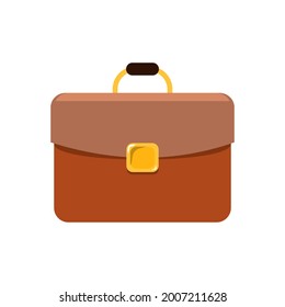 Brown Leather Briefcase isolated on white background. Flat vector illustration of red suitcase with seams on leather, lock and handle.