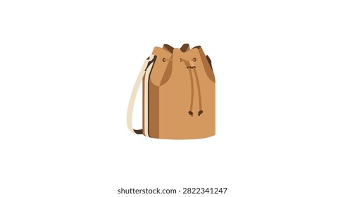brown leather bucket bag with drawstring closure features a shoulder strap and smooth texture isolated on white background for fashion accessory use