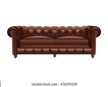 Brown leather chester sofa. Vector illustration. Isolated object