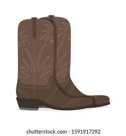 The brown leather cowboy boots with the yellow embroidery is isolated on a white background.