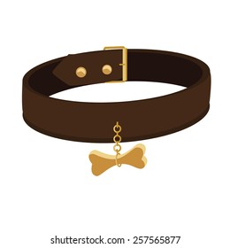 Brown leather dog collar tag vector icon isolated, belt, pet collar, safety and security