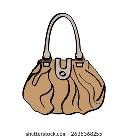 Bolsa de couro marrom com alças bege e aba decorativa isolada no branco