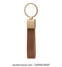 A brown leather keychain with a gold metal ring and clasp.