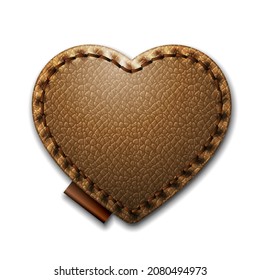 Brown leather label heart shape with stitches. Leather patch with seam. Vector realistic illustration on white background.