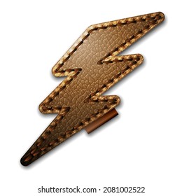 Brown leather label lightning shape with stitches. Leather patch with seam. Vector realistic illustration on white background.