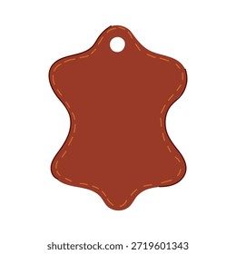 Etiqueta de couro marrom representando material genuíno ou natural, com costura decorativa e um buraco central, fornecendo um espaço em branco para texto personalizado, logotipo ou ícone