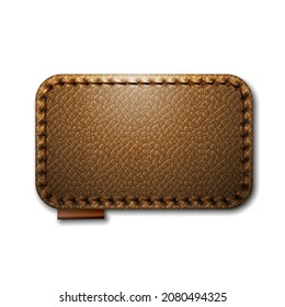 Brown leather label restangle shape with stitches. Leather patch with seam. Vector realistic illustration on white background.