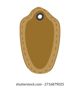Etiqueta de piel marrón con borde cosido y ojal de metal, que presenta un elemento de diseño versátil para la marca, el Precios o la información del producto sobre un fondo blanco limpio