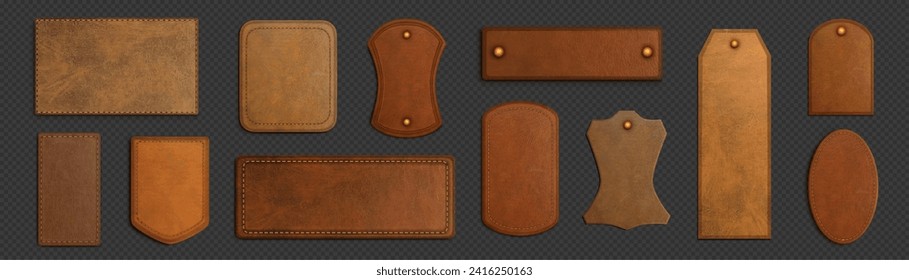 Brown leather labels and tags with stitches. Vintage badges and patches from genuine skin with seams and metal rivets, vector realistic set isolated on transparent background