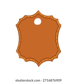 Etiqueta en forma de escudo de cuero marrón con costuras decorativas alrededor del borde y un agujero en la parte superior, que representa autenticidad, calidad y artesanía