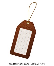 Brown leather luggage tag label with strap. Travel identification card. Vector illustration isolated on white background