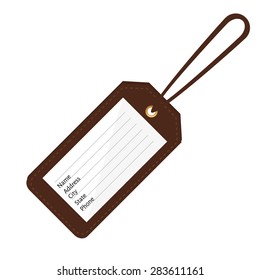 Brown leather luggage tag with name, address, city, state, phone fields. Luggage label with string vector illustration. Travel tag