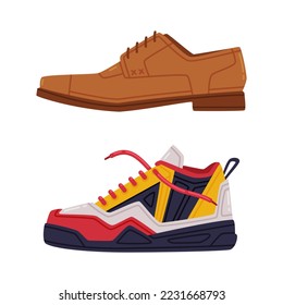 Brown Leather Man Shoe and Sneaker as Sport and Formal Footwear and Clothing Vector Set