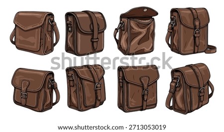 Brown leather messenger bag views with transparent background